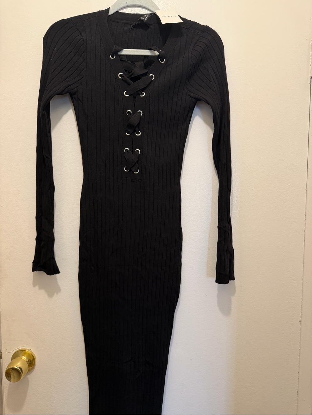Forever 21 Black Ribbed Lace-Up Long Sleeve Dress